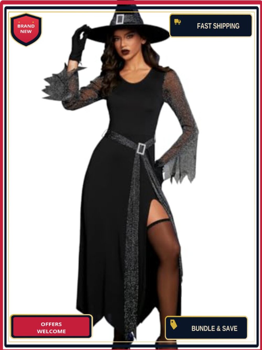 Sexy Witch Costume 4 Pcs Maxi Dress Hat Gloves G-String Halloween Cosplay